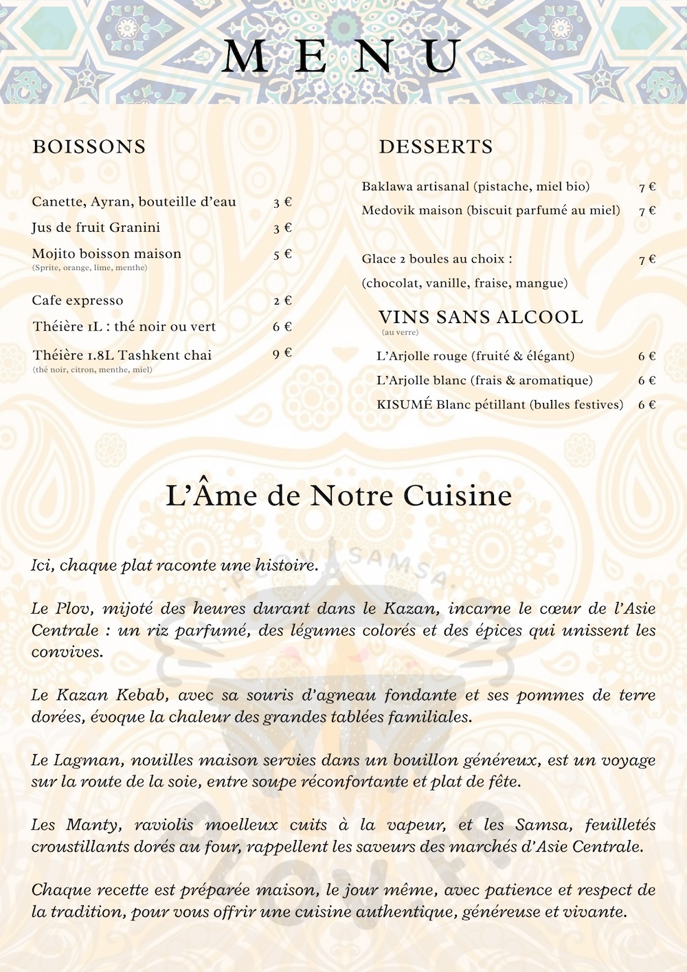 Menu Paris 2 — Boissons & desserts